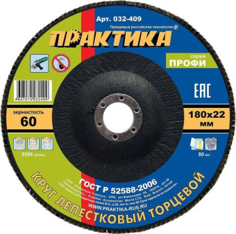 Круг лепестковый шлифовальный ПРАКТИКА 180 х 22 мм Р60 (1шт.